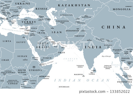 West Asia and South Asia, gray political map with countries, international borders and capitals. Western or Southwest Asia, with the Middle East, and South Asia, with the Indian subcontinent. Vector West Asia and South Asia, gray political map with countries, international borders and capitals. Western or Southwest Asia, with the Middle East, and South Asia, with the Indian subcontinent. Vector 133852022