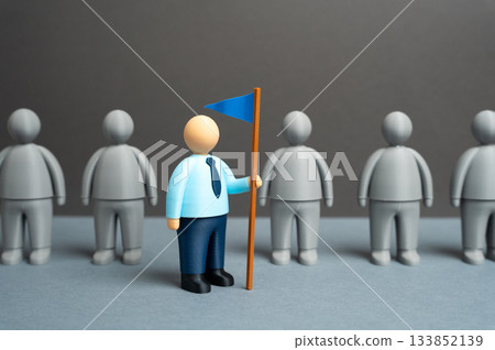 A business leader with a flag in hand. An innovator and a visionary. Assemble a team, find followers. Leadership development, startup motivation and corporate strategy presentations. 133852139