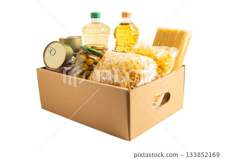 Foodstuffs in donation box isolated on white background with clipping path. 133852169