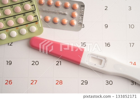 Pregnancy test for female of ovulation day, fetus, maternity, childbirth, birth control. Pregnancy test for female of ovulation day, fetus, maternity, childbirth, birth control. 133852171