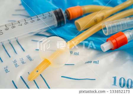 Foley catheter and urine drainage bag collect urine for disability or patient in hospital. Foley catheter and urine drainage bag collect urine for disability or patient in hospital. 133852173
