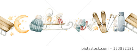 Sleigh, skis, ice skates, winter funs seamless border. Watercolor hand drawn illustration isolated on white background or cozy sport design Christmas card kids fabric holiday textile nursery banner Sleigh, skis, ice skates, winter funs seamless border. Watercolor hand drawn illustration isolated on white background or cozy sport design Christmas card kids fabric holiday textile nursery banner 133852181