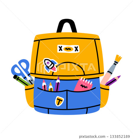 School Backpack with Stationery and Supplies Vector Illustration School Backpack with Stationery and Supplies Vector Illustration 133852189
