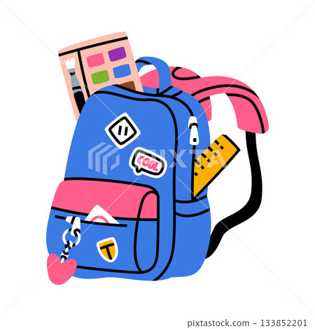 School Backpack with Stationery and Supplies Vector Illustration School Backpack with Stationery and Supplies Vector Illustration 133852201