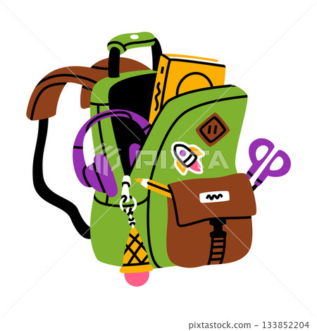 School Backpack with Stationery and Supplies Vector Illustration 133852204
