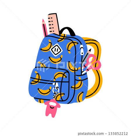 School Backpack with Stationery and Supplies Vector Illustration 133852212