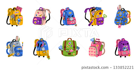School Backpack with Stationery and Supplies Vector Set School Backpack with Stationery and Supplies Vector Set 133852221