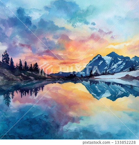 風景優美，高海拔湖泊倒映著絢麗的天空，四周環繞著白雪皚皚的山峰。 133852228