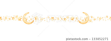 Cute golden moon crescent stars seamless border. Watercolor hand drawn illustration isolated on white background for baby nursery textile kids fabric holiday Ramadan design card print wrapping paper Cute golden moon crescent stars seamless border. Watercolor hand drawn illustration isolated on white background for baby nursery textile kids fabric holiday Ramadan design card print wrapping paper 133852271