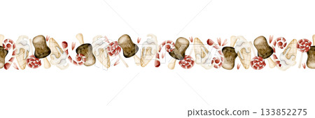 Cute ice cream candy cane sweets seamless border. Watercolor hand drawn illustration isolated on white background for baby nursery kids design holiday Christmas design print home textile cozy banner Cute ice cream candy cane sweets seamless border. Watercolor hand drawn illustration isolated on white background for baby nursery kids design holiday Christmas design print home textile cozy banner 133852275