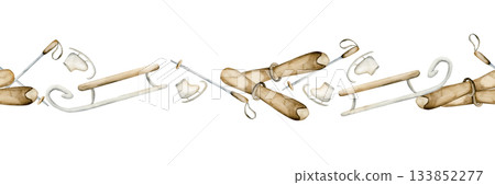 Sleigh, skis, ice skates, winter funs seamless border. Watercolor hand drawn illustration isolated on white background or cozy sport design Christmas card banner design kids fabric holiday textile Sleigh, skis, ice skates, winter funs seamless border. Watercolor hand drawn illustration isolated on white background or cozy sport design Christmas card banner design kids fabric holiday textile 133852277