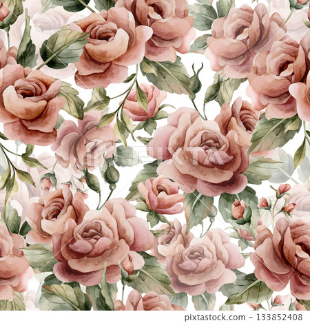 Roses with leaves seamless pattern on white background. Dusty pink garden Victorian flower. Watercolor hand painted floral illustration for wedding design home textile fabric cosmetic package wrapping 133852408