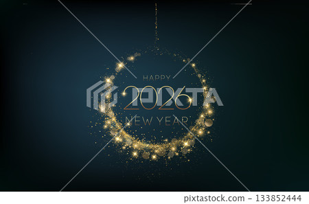2026 Merry Christmas and Happy New Year Abstract Shiny Gold Circle Frame Glitter Decoration. Festive Background. Vector design element 133852444