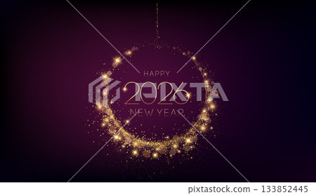 2026 Merry Christmas and Happy New Year Abstract Shiny Gold Circle Frame Glitter Decoration. Festive Background. Vector design element 133852445