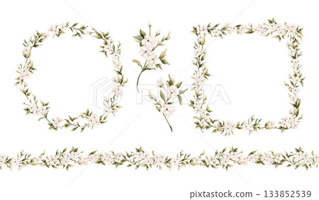 White small flowers with leaves frame wreath seamless border set. Watercolor hand painted cute floral blossom isolated illustration for wedding design home textile crockery cosmetic package card print 133852539