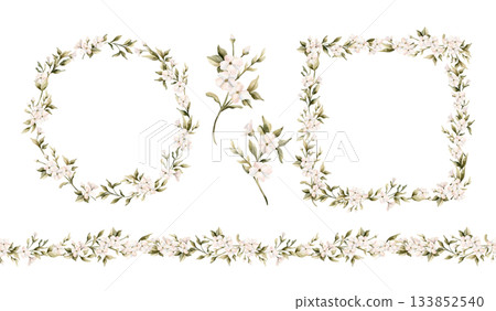 White small flowers with leaves frame wreath seamless border set. Watercolor hand painted cute floral blossom isolated illustration for wedding design home textile crockery cosmetic package card print White small flowers with leaves frame wreath seamless border set. Watercolor hand painted cute floral blossom isolated illustration for wedding design home textile crockery cosmetic package card print 133852540