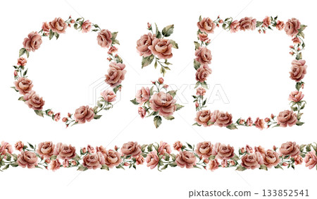 Rose flowers frame wreath seamless border set. Dusty pink garden floral. Watercolor hand painted isolated illustration for wedding design home textile crockery cosmetic package labels cards print 133852541
