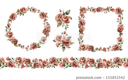 Rose flowers frame wreath seamless border set. Dusty pink garden floral. Watercolor hand painted isolated illustration for wedding design home textile crockery cosmetic package labels cards print Rose flowers frame wreath seamless border set. Dusty pink garden floral. Watercolor hand painted isolated illustration for wedding design home textile crockery cosmetic package labels cards print 133852542