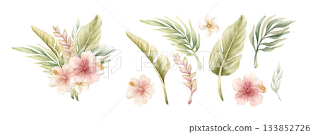 Tropical Hibiscus Heliconia Palm Leaves. Exotic African jungle pink flower plants. Watercolor hand painted summer floral isolated illustration on white background cute kids nursery design sticker baby 133852726