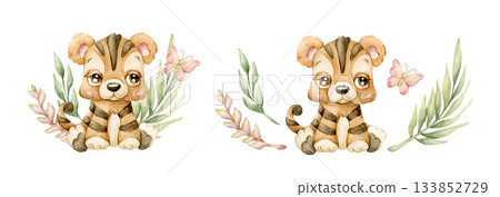 Cute Tiger with Tropical Leaves Butterfly Safari African animal. Watercolor hand painted illustration isolated on white background for exotic jungle design kids nursery wall stickers baby shower card 133852729