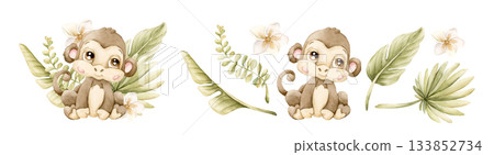 Cute Monkey with Tropical Leaves Flower Safari African animal. Watercolor hand painted illustration isolated on white background for exotic jungle design kids nursery wall stickers baby shower textile 133852734