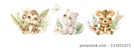 Cute Tropical Animals and Exotic Plants Set. Watercolor hand painted summer pastel neutral illustration on white background monkey hippo tiger for nursery safari design kids textile baby shower cards Cute Tropical Animals and Exotic Plants Set. Watercolor hand painted summer pastel neutral illustration on white background monkey hippo tiger for nursery safari design kids textile baby shower cards 133852875