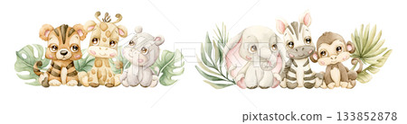 Cute Tropical Animals and Exotic Plants Set. Watercolor hand painted summer pastel neutral illustration on white background for nursery safari design kids cloth textile fabric baby shower party cards 133852878