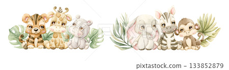 Cute Tropical Animals and Exotic Plants Set. Watercolor hand painted summer pastel neutral illustration on white background for nursery safari design kids cloth textile fabric baby shower party cards Cute Tropical Animals and Exotic Plants Set. Watercolor hand painted summer pastel neutral illustration on white background for nursery safari design kids cloth textile fabric baby shower party cards 133852879