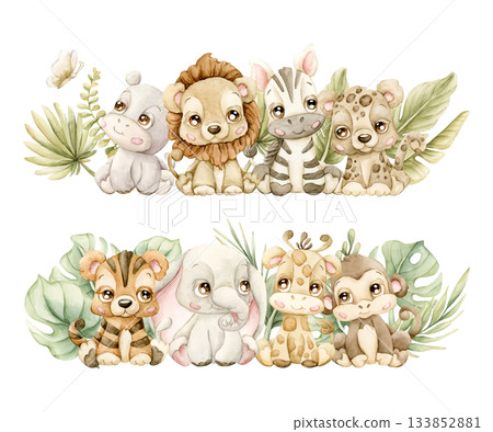 Cute Tropical Animals and Exotic Plants Set. Watercolor hand painted summer pastel neutral illustration on white background for nursery safari design kids cloth textile fabric baby shower party cards Cute Tropical Animals and Exotic Plants Set. Watercolor hand painted summer pastel neutral illustration on white background for nursery safari design kids cloth textile fabric baby shower party cards 133852881