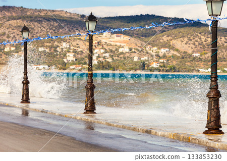 Promenade walking area on seaside in greek resort Promenade walking area on seaside in greek resort 133853230