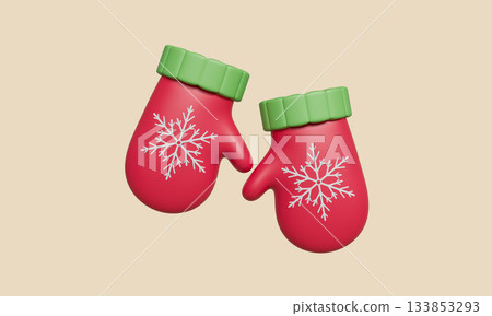 Festive Red Gloves with Snowflake. 3D Rendering. 133853293