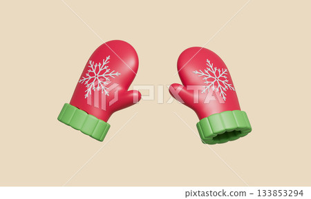 Festive Red Gloves with Snowflake. 3D Rendering. 133853294