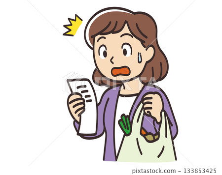 Illustration of a housewife surprised at the amount when she sees the receipt Illustration of a housewife surprised at the amount when she sees the receipt 133853425