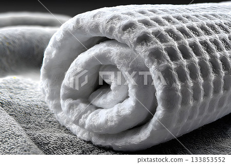 Plush White Towel Rolled on Luxurious Gray Textile for Spa and Home Decor Generative AI 133853552