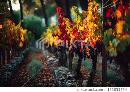 Autumn Vineyard Scene with Vibrant Foliage and Grapevines in Harvest Season Generative AI 133853554