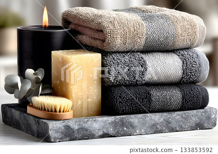 Luxury Spa Essentials: Candle, Towels, Soap, and Eucalyptus Display for Relaxation and Wellness Generative AI 133853592
