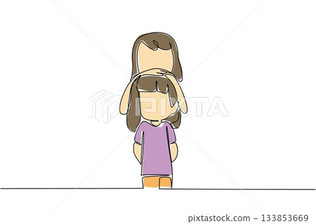 Single continuous line drawing an older sister hugging head of her younger sister. Like a hide and seek pose. Memories of childhood. Memorable. Day of Brother. One line design vector illustration 133853669