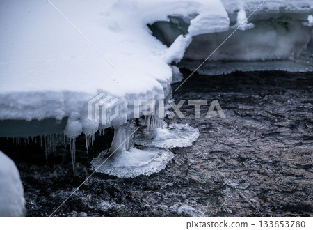 ice formations and flowing water under deep winter snow in lapland ice formations and flowing water under deep winter snow in lapland 133853780