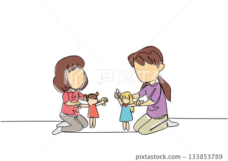 Single one line drawing two little sisters sitting and playing with dolls together on the floor. Take care and love each other. Happiness. Day of Brother. Continuous line design graphic illustration Single one line drawing two little sisters sitting and playing with dolls together on the floor. Take care and love each other. Happiness. Day of Brother. Continuous line design graphic illustration 133853789
