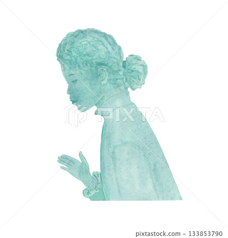 Girl in profile with teal tones subtle texture, isolated on white. Watercolor silhouette ideal for educational materials, childrens projects, branding, story illustrations, gentle decorative design 133853790