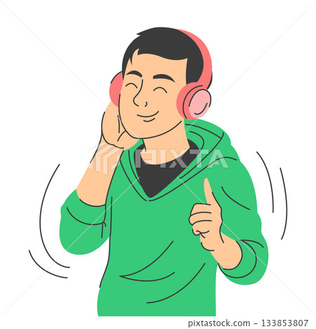 Happy man listens to music in headphones Happy man listens to music in headphones 133853807