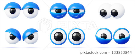 Googly eyes 3d set, comic character eyeballs with blue eyelids isolated on white background. Cartoon mascot looking down, smiling, surprised, evil, furious gaze, tired, sleepy, scared. 3D illustration 133853844