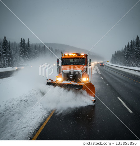Snowplow on Highway Clearing Snow Snowplow on Highway Clearing Snow 133853856