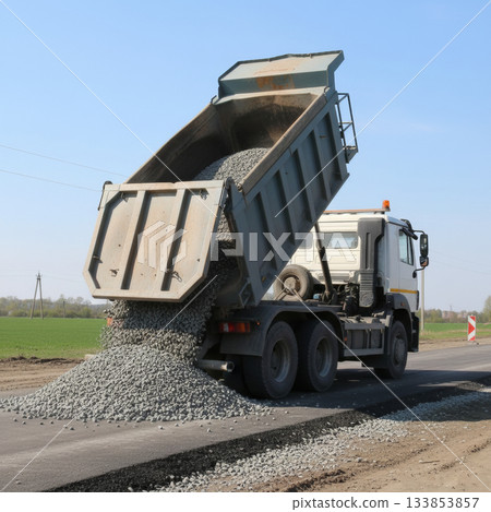Truck Unloading Road Gravel Truck Unloading Road Gravel 133853857