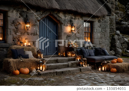 Cozy Autumn Scene with Pumpkins and Lanterns at Rustic Stone Cottage Generative AI Cozy Autumn Scene with Pumpkins and Lanterns at Rustic Stone Cottage Generative AI 133854031