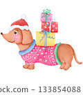 Christmas themed dog cartoon, hand drawn watercolor 5 133854088