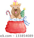 Christmas themed dog cartoon, hand drawn watercolor 7 133854089