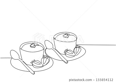 Continuous line drawing vector of two cheese souffles served on saucers with spoons and fresh strawberries for a culinary food concept. This elegant gourmet dessert theme is for National Cheese Souffl 133854112