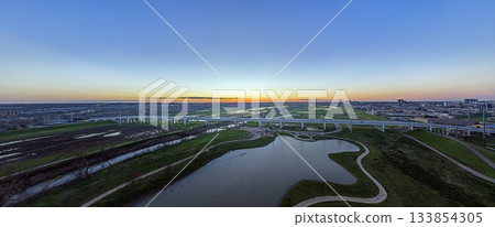 Sunset aerial panorama of Dallas and Trinity River wetlands Sunset aerial panorama of Dallas and Trinity River wetlands 133854305