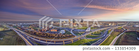 Aerial panorama of Fort Worth skyline and major highway interchanges 133854309